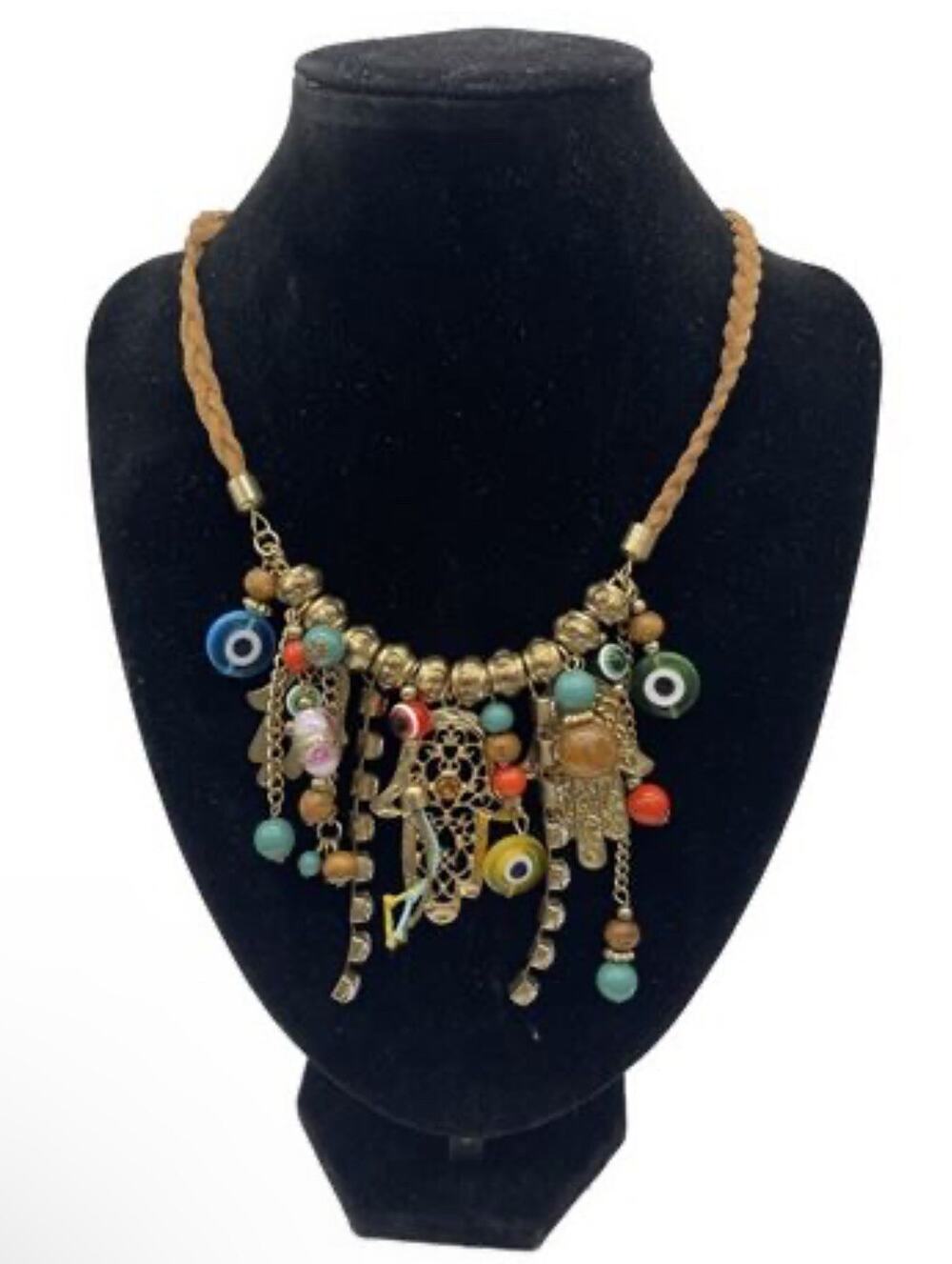 Vintage Boho Hamsa Hand Evil Eye Charm Necklace 26" Mixed Bead Cord New Age